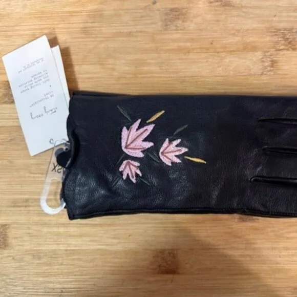 Retro Black leather gloves with pink / pastel floral embroidery - NWT - Picture 8 of 16